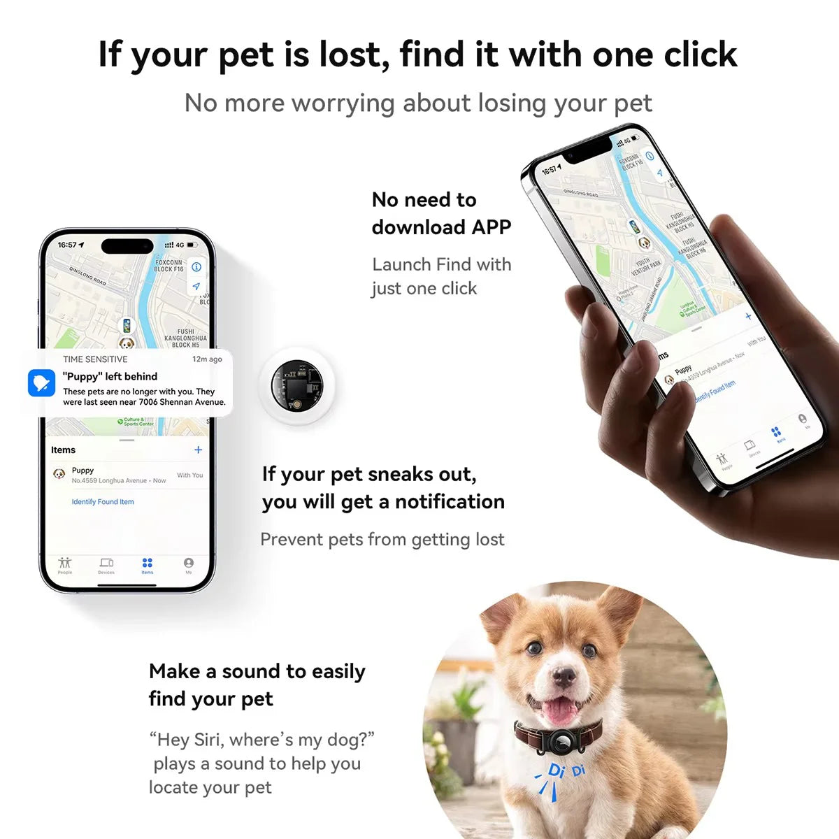 GPS Pet Tracker No Monthly Fee โ Works with Apple Find My | Dogs & Cats
