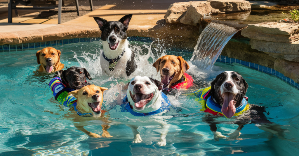 🐶💦 Watch as 39 happy dogs dive into summer fun at Lucky Puppy Daycare's bone-shaped pool! 🐾✨ Pure joy and splashes guaranteed! 🌞❤️