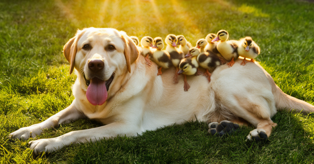 🐶❤️ Meet Fred, the golden lab with a heart of gold! 🦆🌟 Watch as he proudly adopts a brood of 15 orphaned ducklings, spreading love and joy one tail wag at a time! 🐥