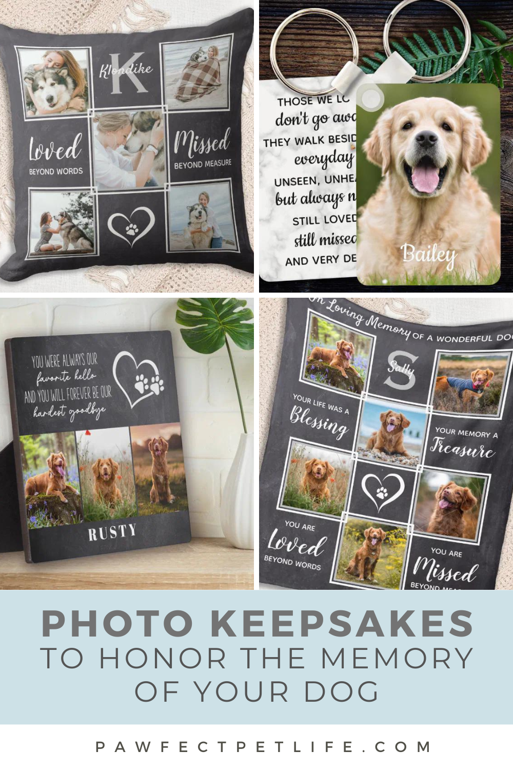 Honor your beloved pet with a personalized photo keepsake. These plaques, pillows, and blankets will keep their memory alive and close to your heart.